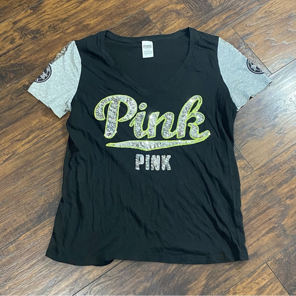 Victorias Secret PINK Sequin Logo V-Neck Tee T-Shirt Top Large